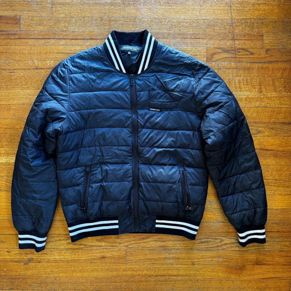 Members Only Puffer Bomber Jacket Black Varsity‎ Ribbed Collar Cuffs Mens Size M